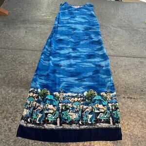 Vintage R&K Originals Ocean Cafe Scenic Maxi Dress Sz 10 Medium Blue Sleeveless